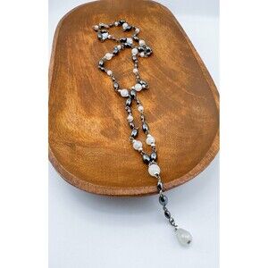 Vintage Hematite Glass Beads Y Necklace Retro Glamour Healing Circulation